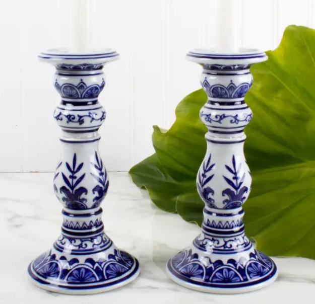 2PC CANDLESTICK SET BLUE CHINOIS