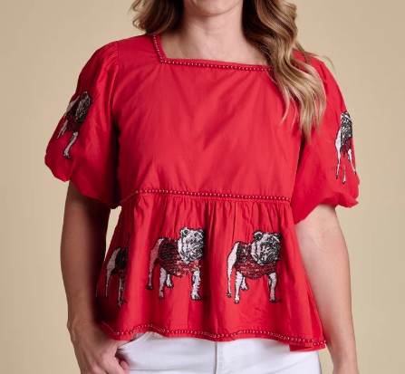 RED GA PUFF SLEEVE PEPLUM TOP