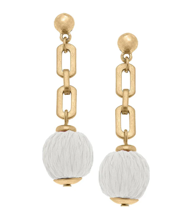 WHITE RAFFIA BALL EARRING