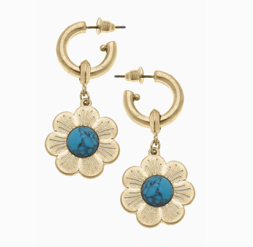 FLOWER DROP EARRINGS TURQ GOLD