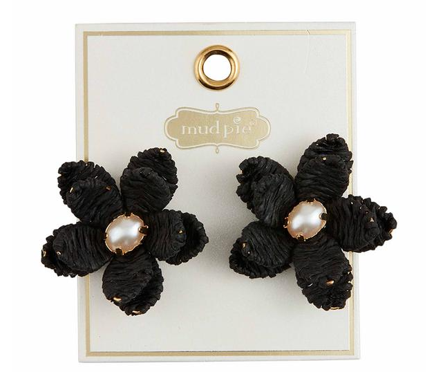 BLACK RAFFIA FLOWER EARRINGS
