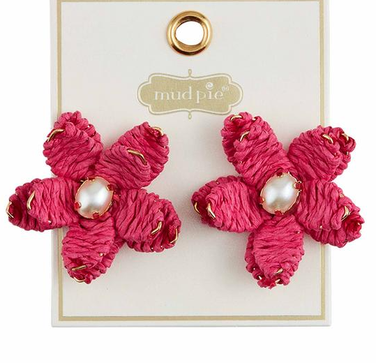 PINK RAFFIA FLOWER EARRINGS