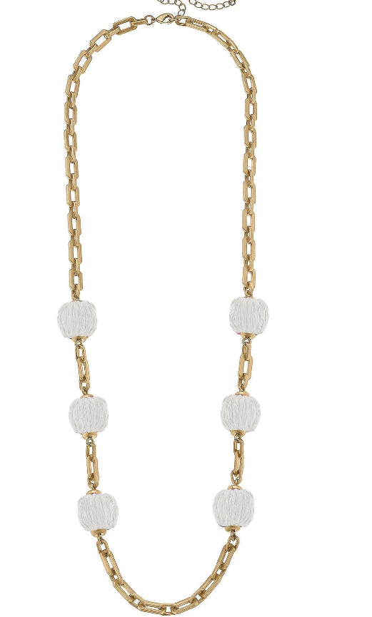 WHT RAFFIA BEAD CHAIN NECKLACE