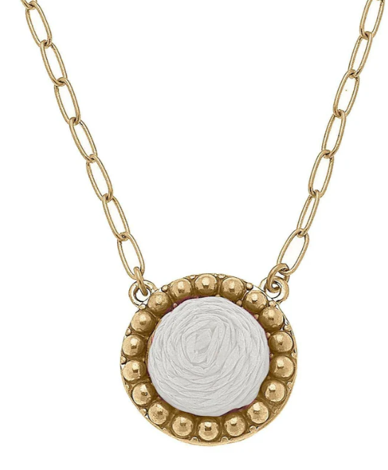 WHT ARUBA RAFFIA DISC NECKLACE