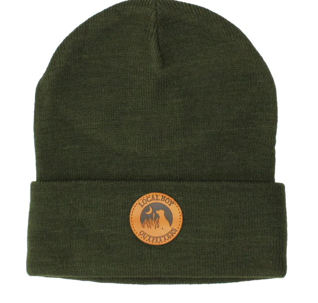 OLIVE LEATHER PATCH BEANIE