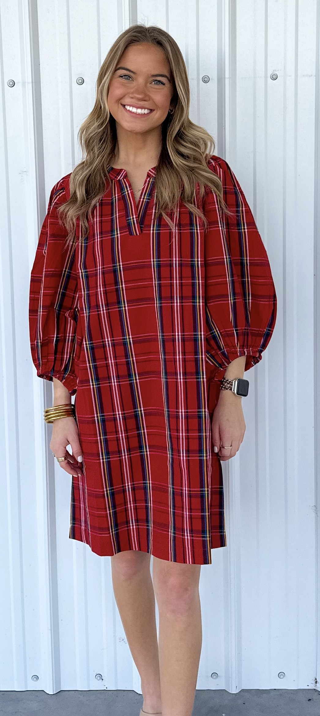 RED BABS BALLOON SLEEVE DRESS