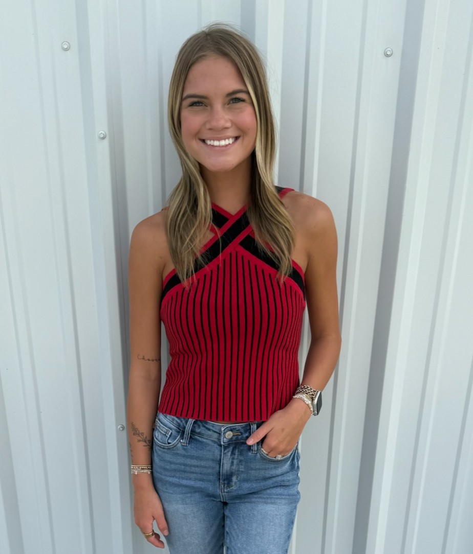 RED&BLACK X HALTER STRIPE TOP