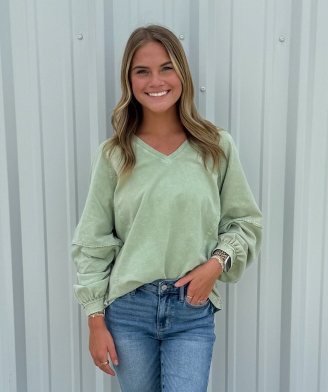 SAGE LONG SLEEVE VNECK MINERAL TOP