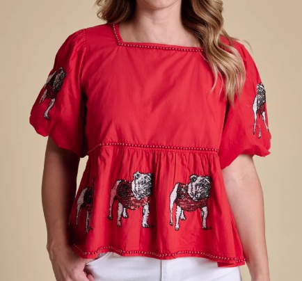 RED GA PUFF SLEEVE PEPLUM TOP