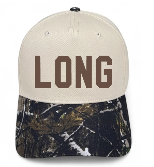 CAMO/CREAM LONG BROWN EMB HAT