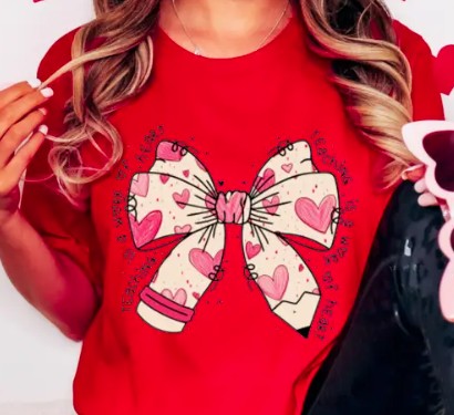 RED TEACHER VDAY BOW TEE