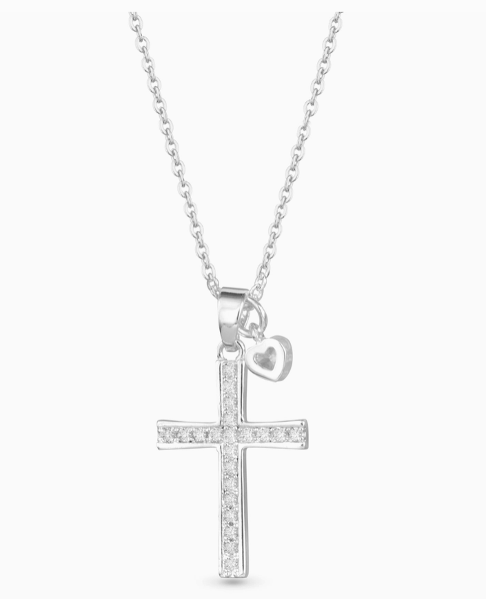 SILVER CROSS HEART DROP NECKLACE