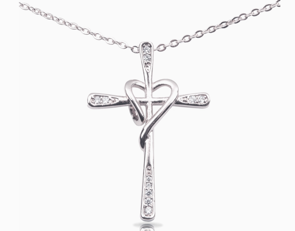 SILVER CROSS HEART NECKLACE