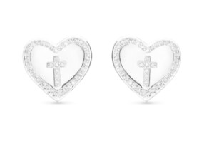 SILVER CROSS HEART STUD EARRINGS