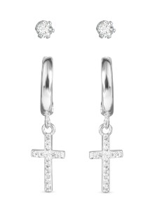 SILVER CROSS HUGGIE EARRINGS