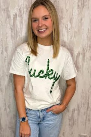 WHITE TINSEL LUCKY TEE