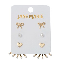 3PC HEART PEARL BOW EARRINGS