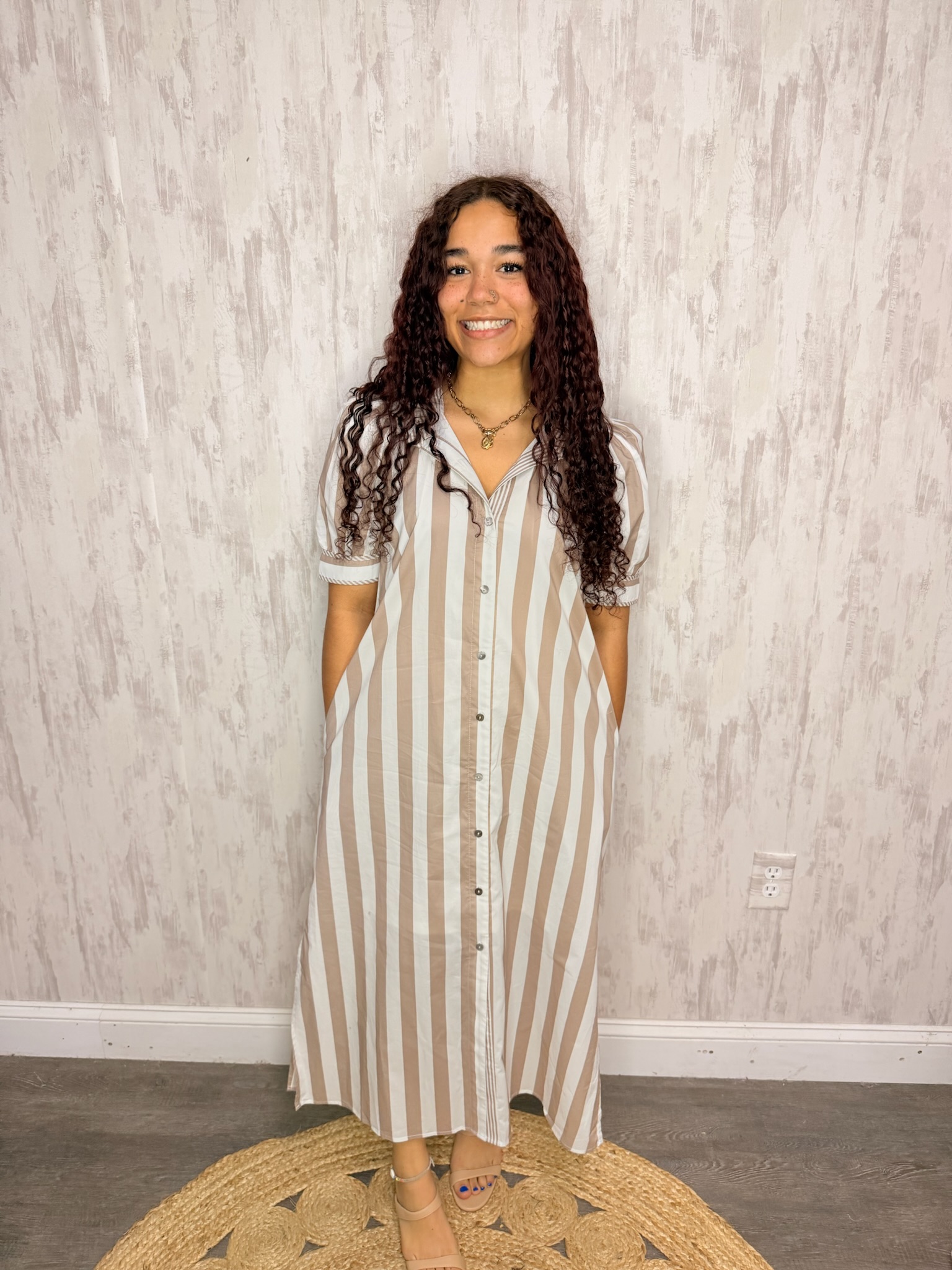 STRIPE RUFFLE MIDI DRESS