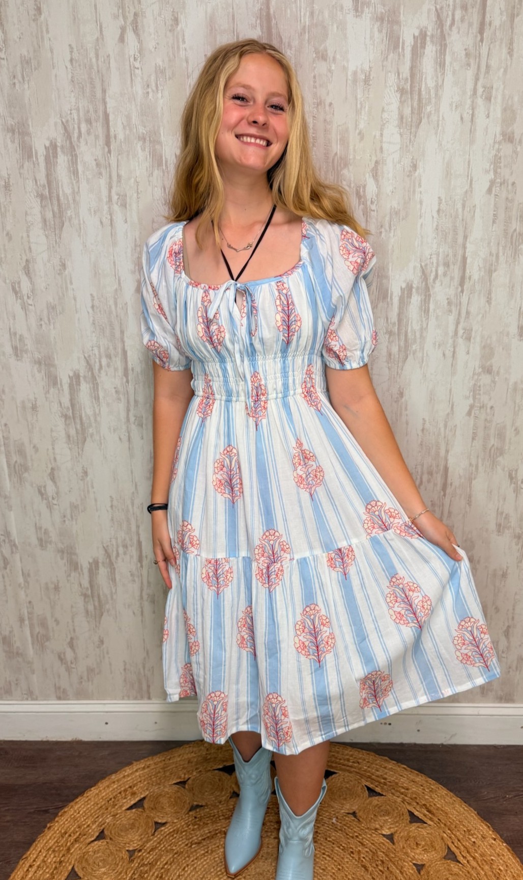 BLUE PUFF FLORAL DRESS