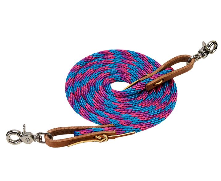 HURRICANE BLUE/PINK/PURPLE POLY ROPER REINS 5/8X8