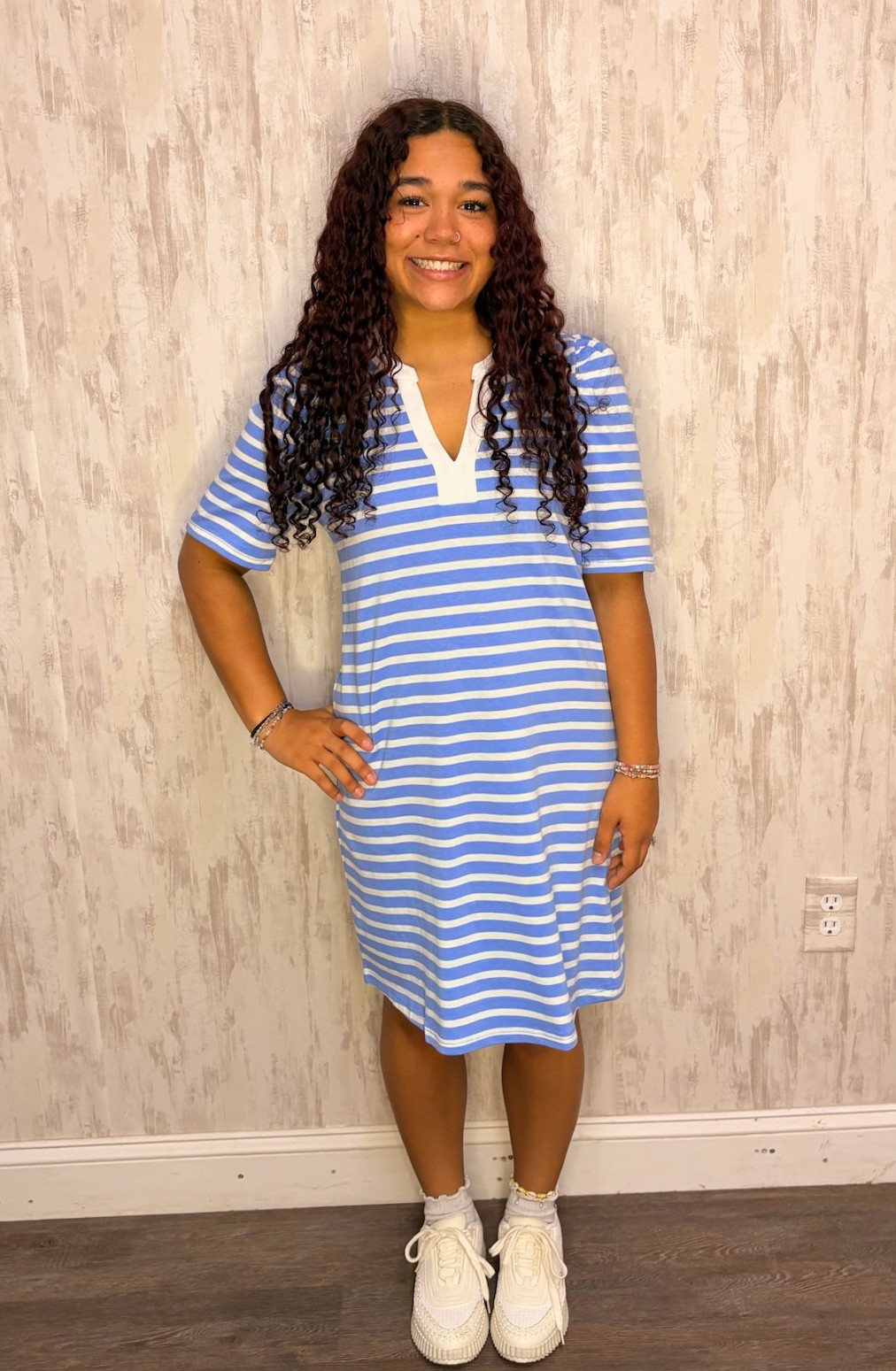 ADELYN BLUE/WHT STRIPE DRESS