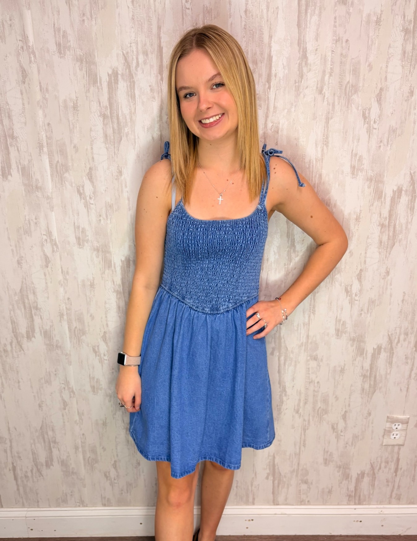 SMOCKED DENIM DRESS