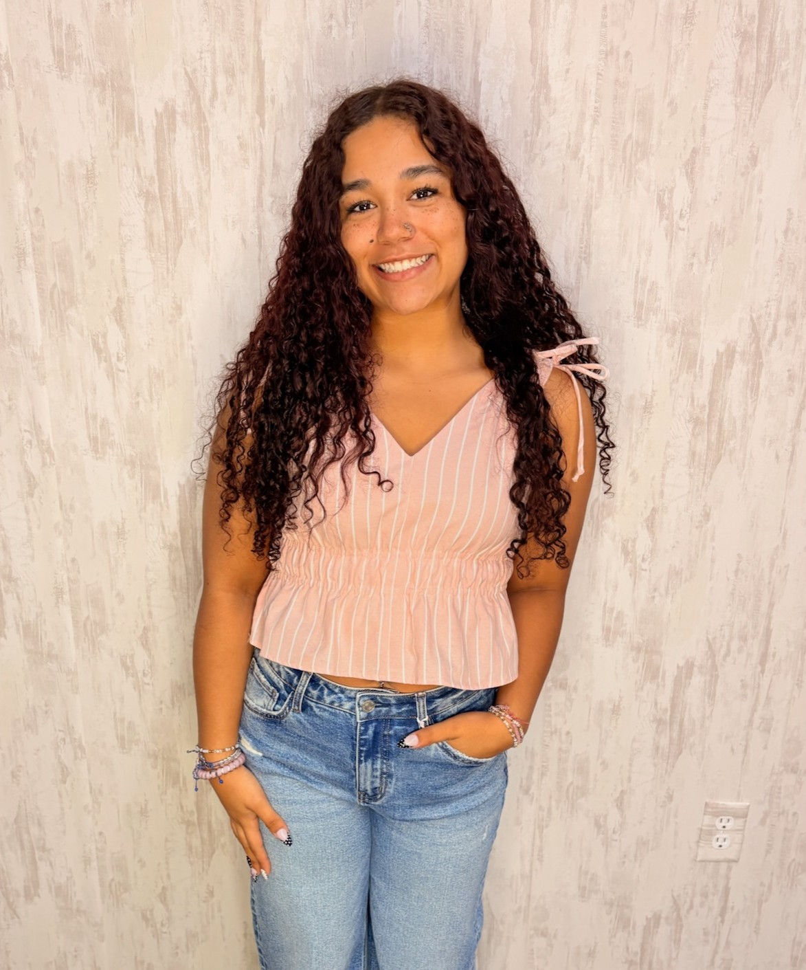 PINK STRIPE TIE PEPLUM TOP