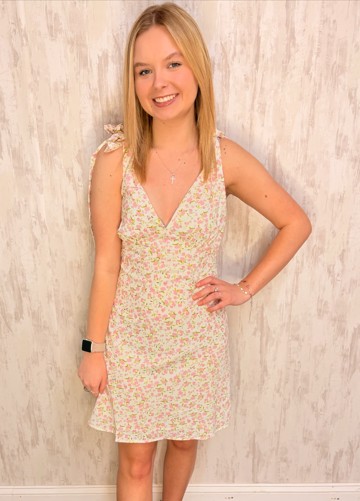 PINK TIE SHOULDER MINI DRESS