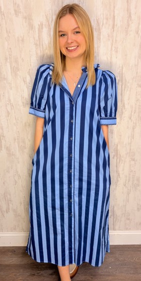 STRIPE RUFFLE MIDI DRESS