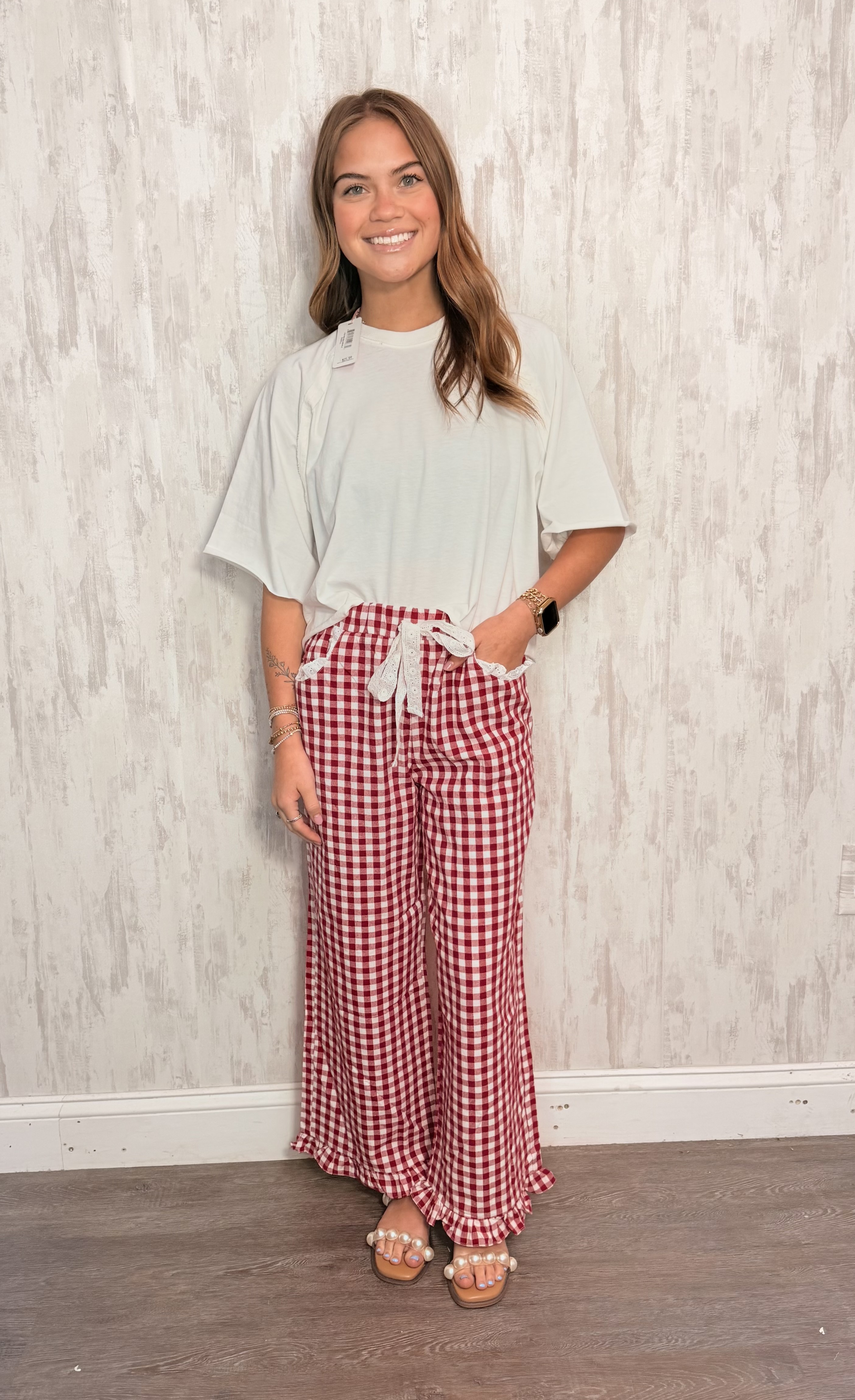 LACE TRIM GINGHAM PANTS