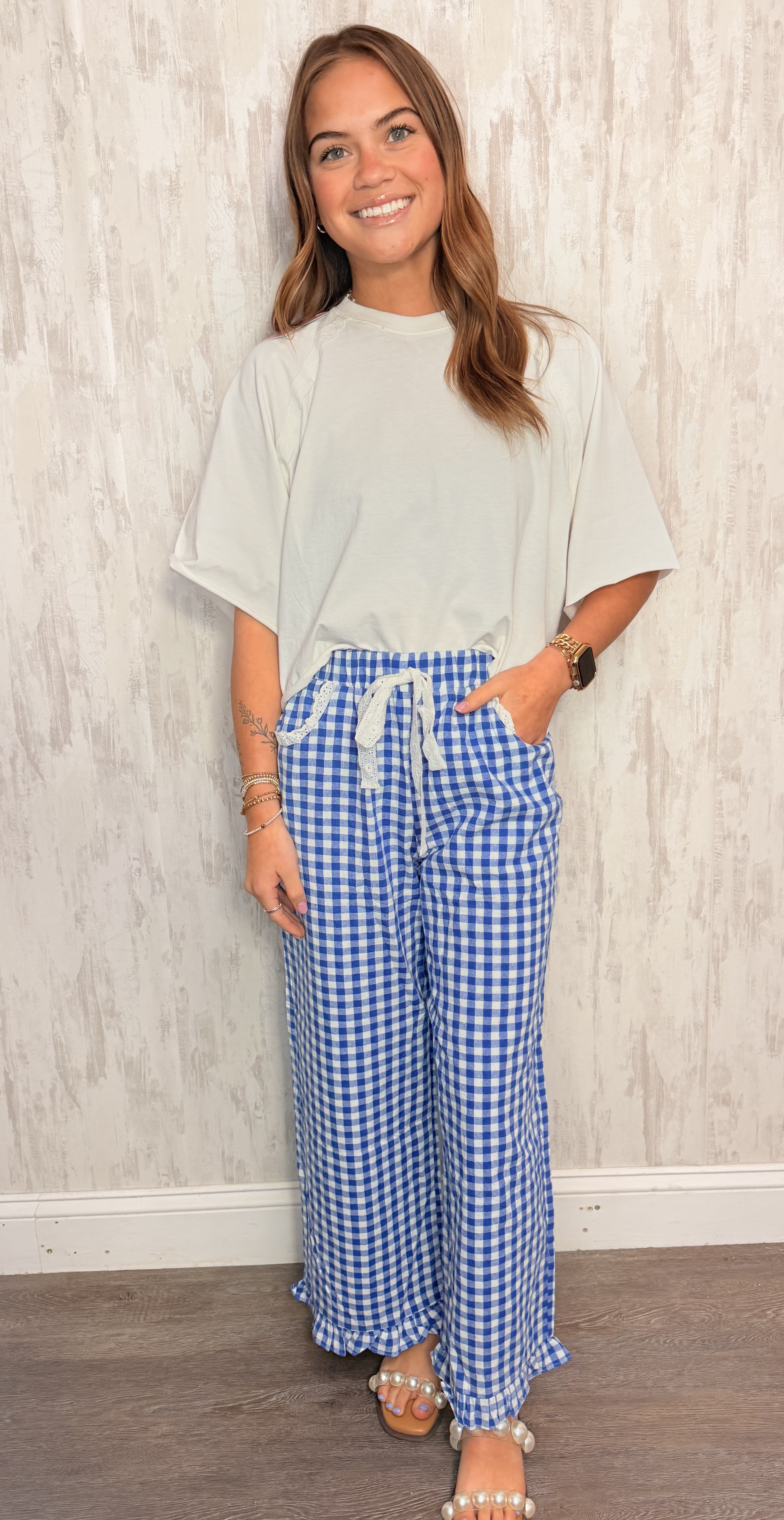 LACE TRIM GINGHAM PANTS