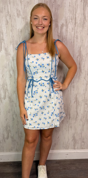 BLUE TIE FLORAL MINI DRESS