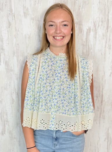 IVORY & BLUE TRIM BLOUSE TOP