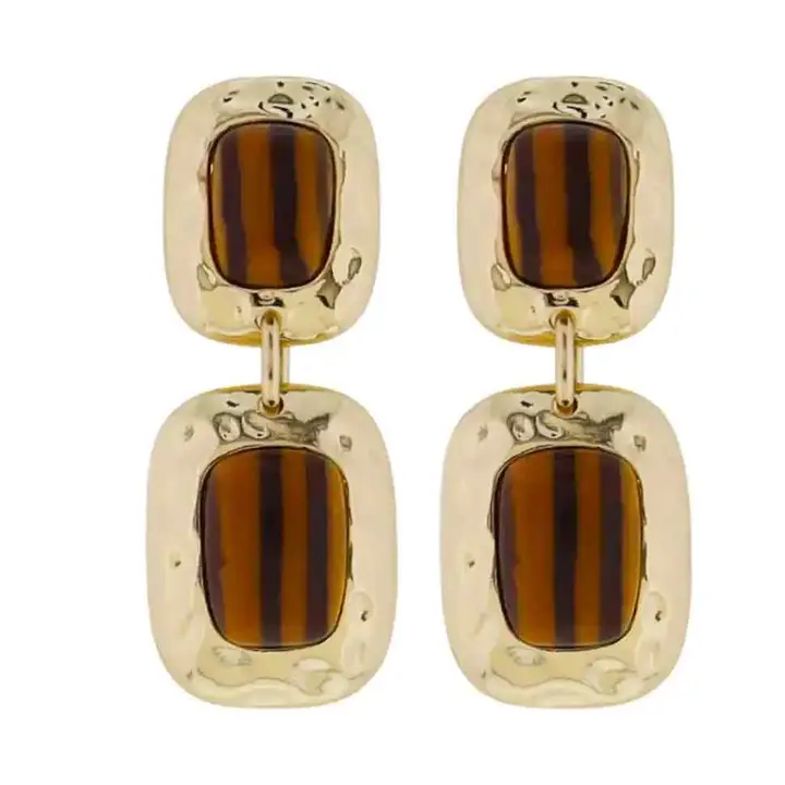 GOLD RECTANGLE TIGER EYE EARRING