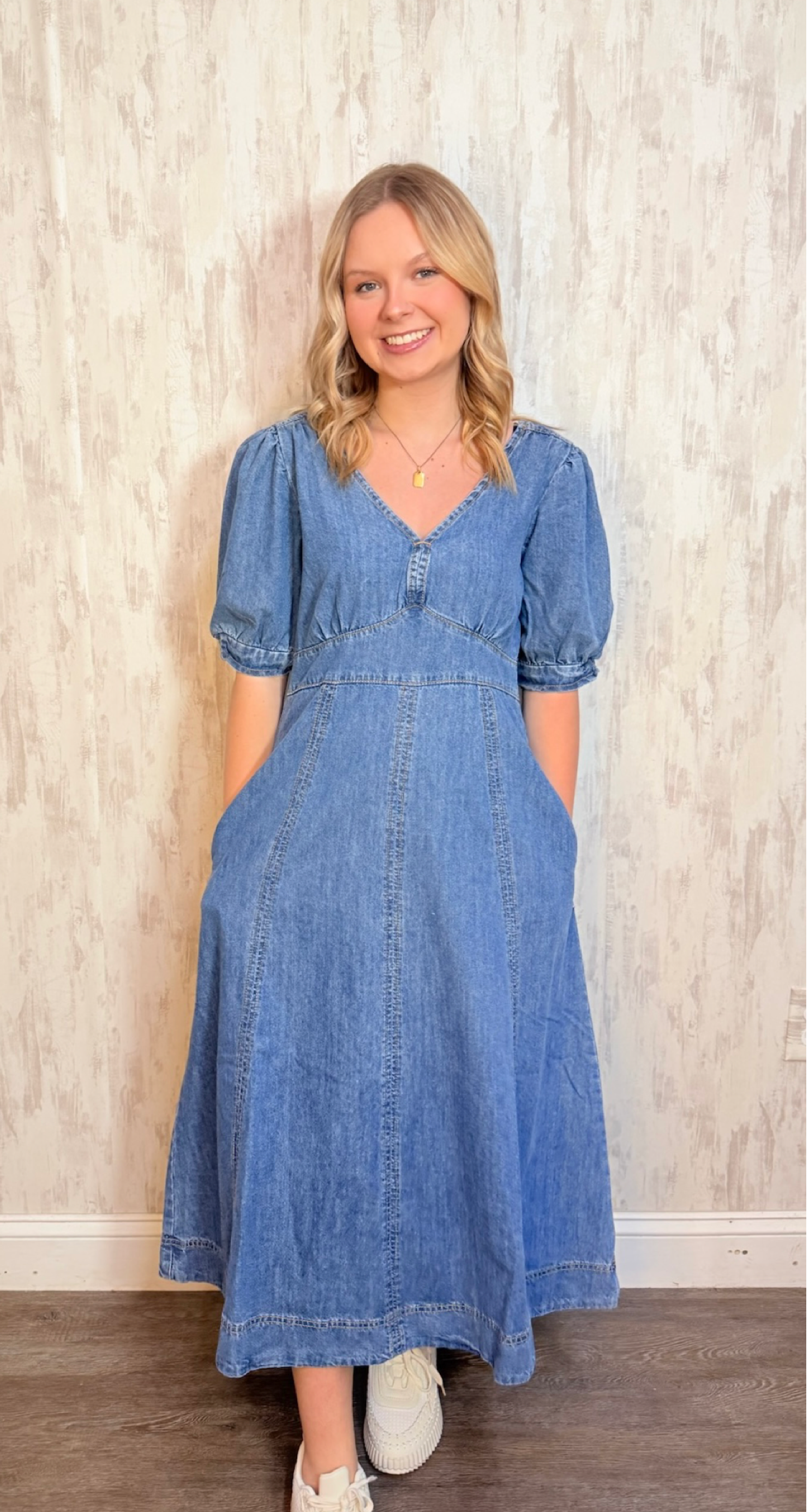 DENIM PUFF SLEEVE MIDI DRESS