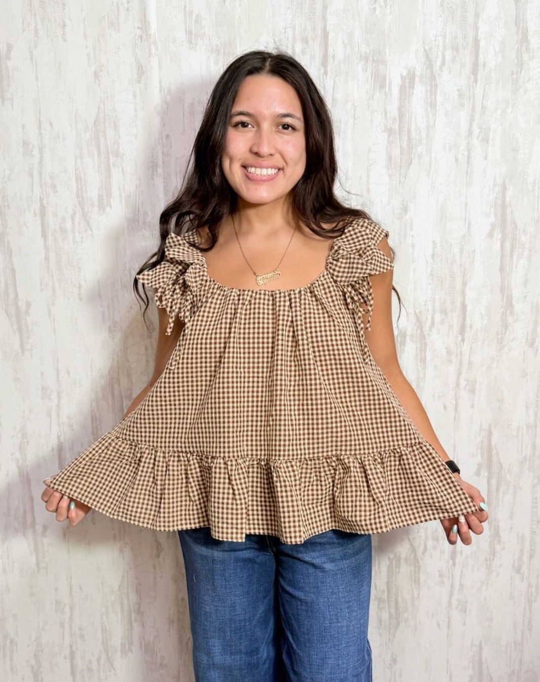 BROWN FLORAL APPLIQUE TOP