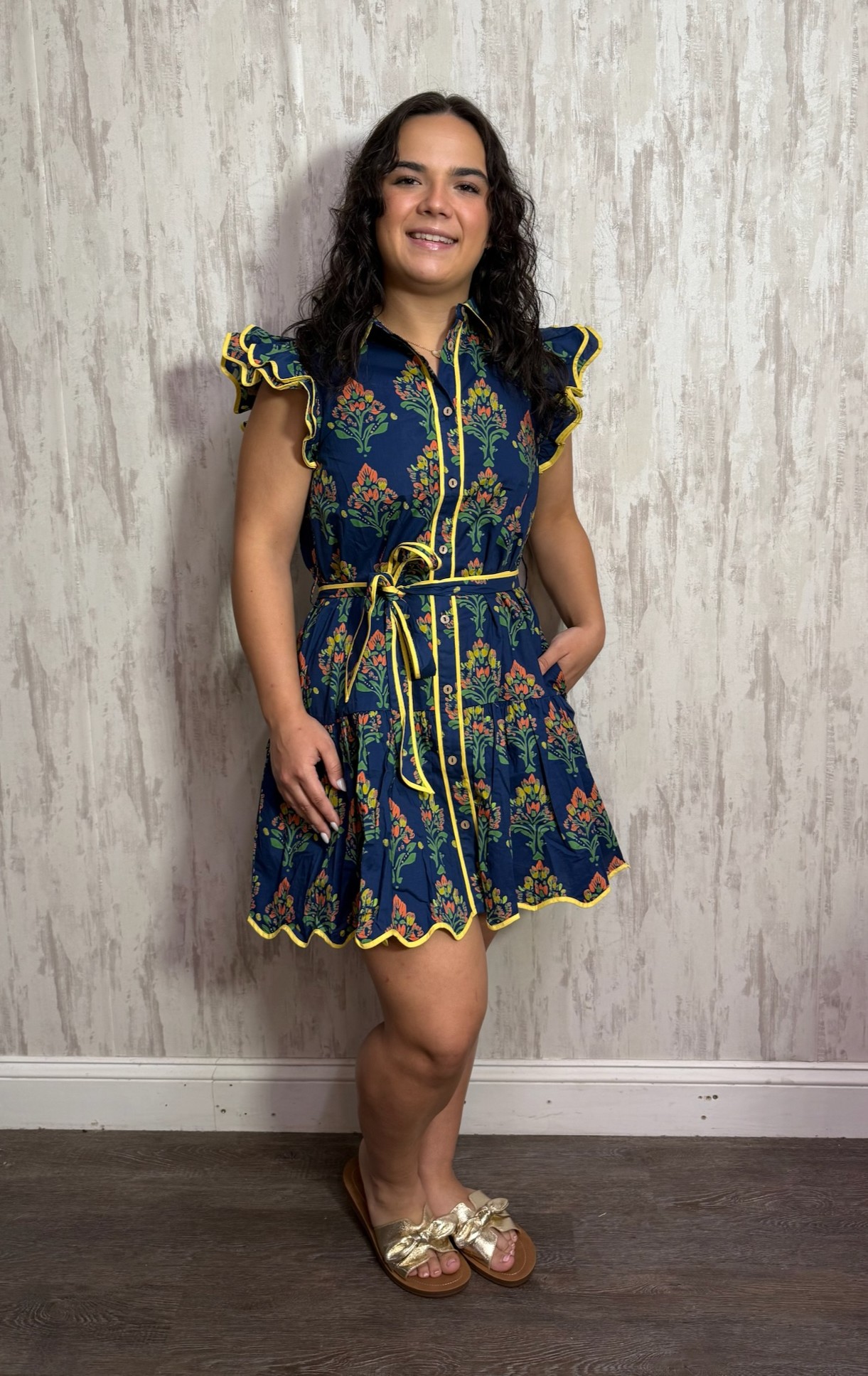 NAVY SCALLOP FLORAL DRESS
