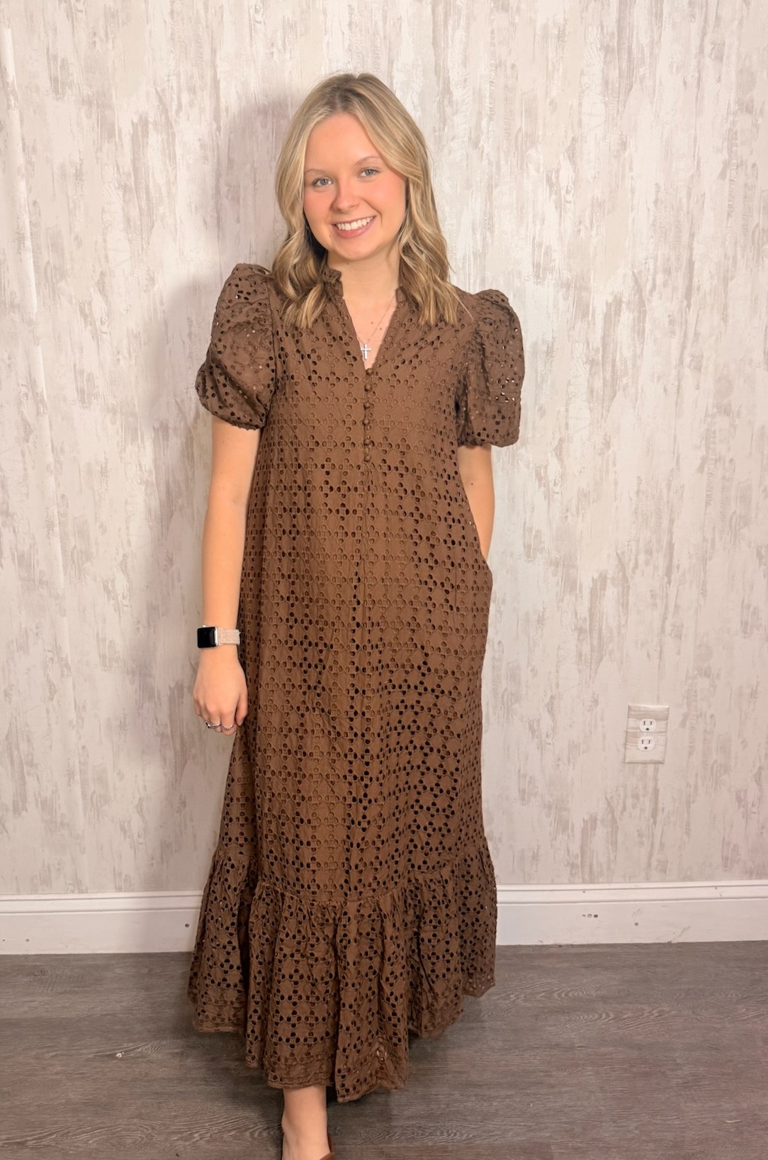 EYELET MIDI DRESS