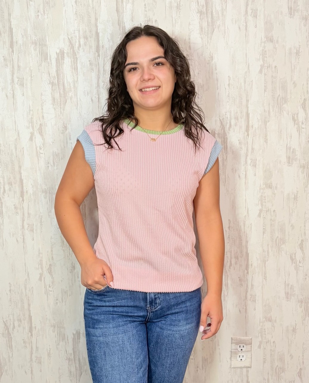 PINK CORDED KNIT CREW NECK