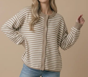 TAUPE STRIPE BUTTON CARDIGAN