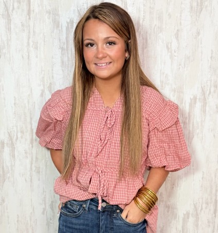 PINK GINGHAM TIE BLOUSE