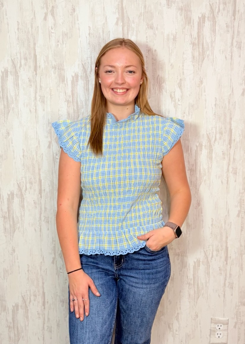 MULTI GINGHAM LACE TRIM TOP