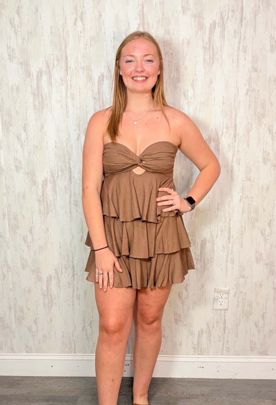 BROWN RUFFLE LAYER ROMPER
