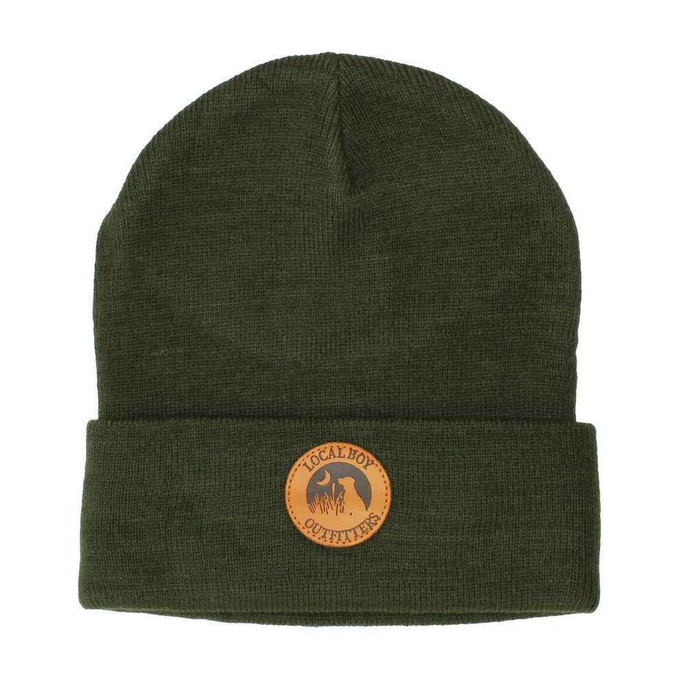 OLIVE LEATHER PATCH BEANIE